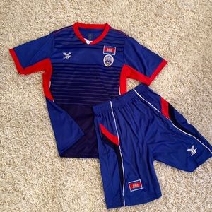 Mens FBT FFC Cambodia National Football Soccer Team Jersey & Shorts Kit Red Blue